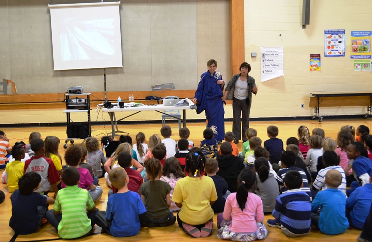 Author Keiko Kasza, at right, with a Thomas Paine teacher at 2014 Youth Literature Festival